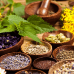 Wooden bowls filled with different herbs and spices.