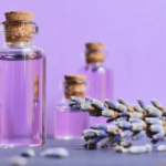 Small glass bottles of essential oils with sprigs of lavender on a purple background.