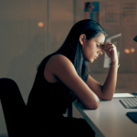 Woman sitting at a desk, looking stressed with her hand on her forehead.