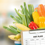 Diet plan clipboard with fresh vegetables in the background.