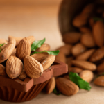 Almonds in a wooden bowl.