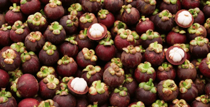 Cluster of fresh mangosteens with one cut open to reveal the white flesh.